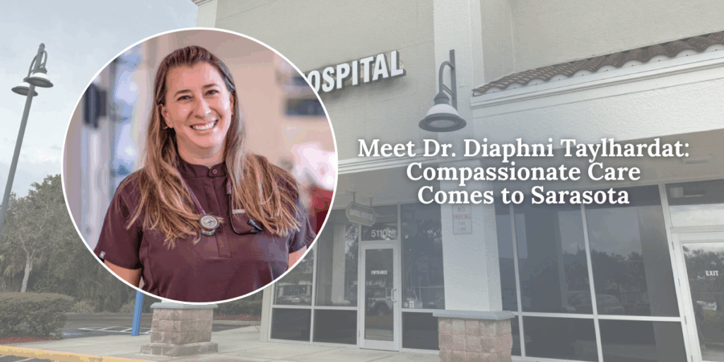 Image of Dr. Diaphni Taylhardat and the front of our Sarasota location.